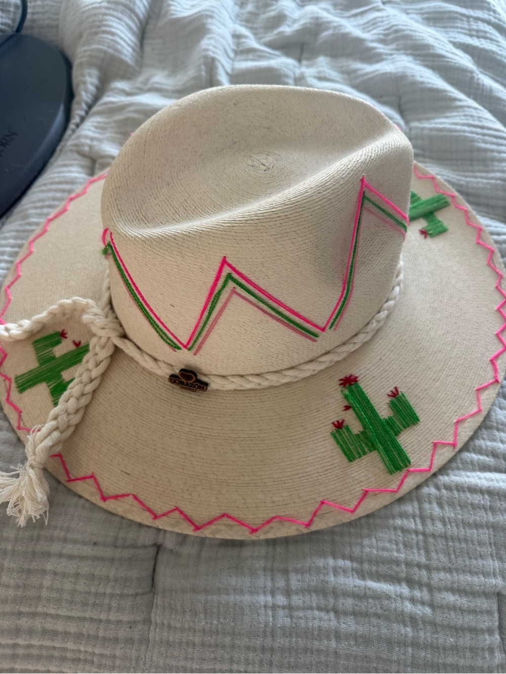 Corazon Playero Hat with Pink Trim & Green Cactus Embroidery